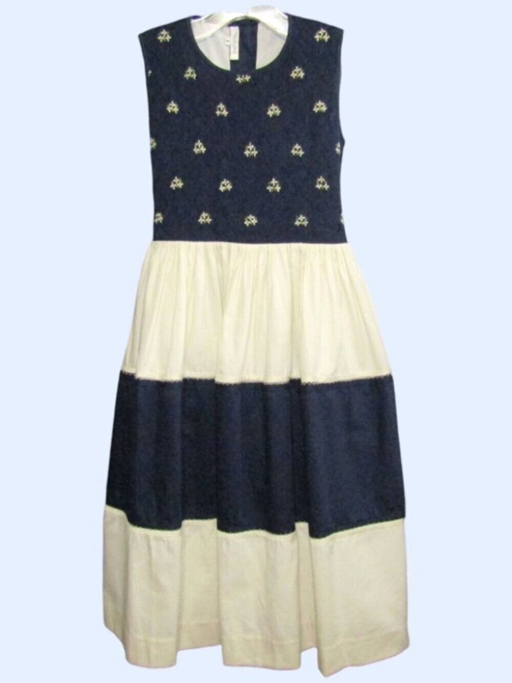 Girls Size 8 Sleeveless Dress Blue Cream Smocked Bodice Tiered Cottagecore